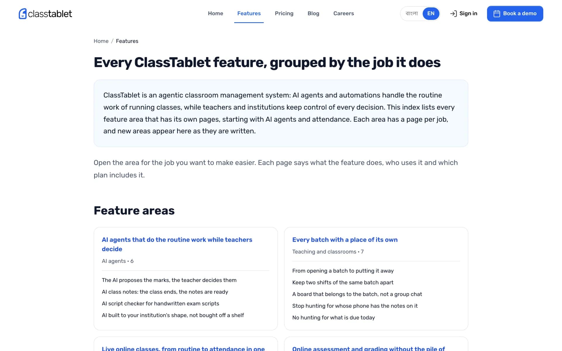 ClassTablet feature index grouped by job