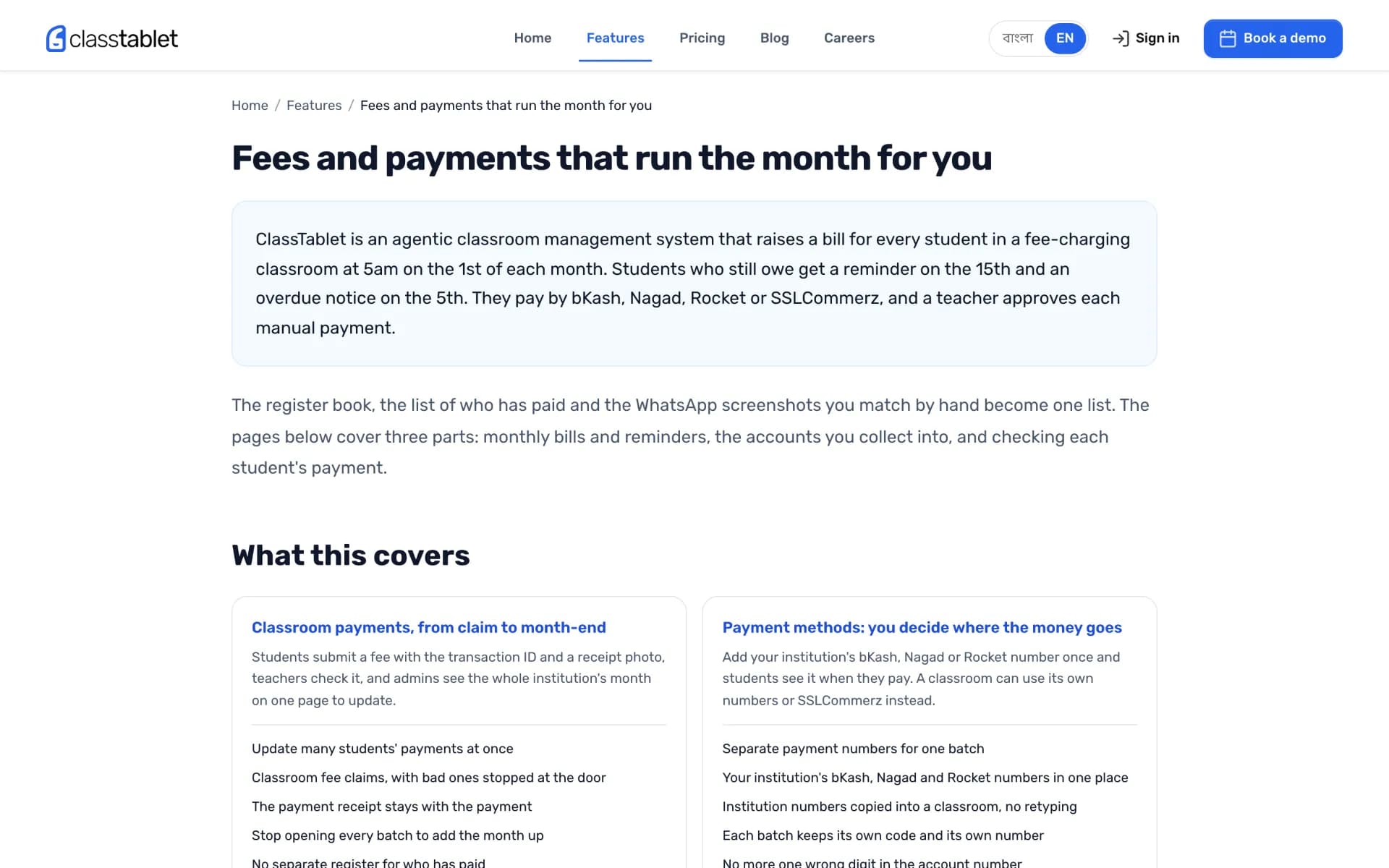 Fees and payments feature page