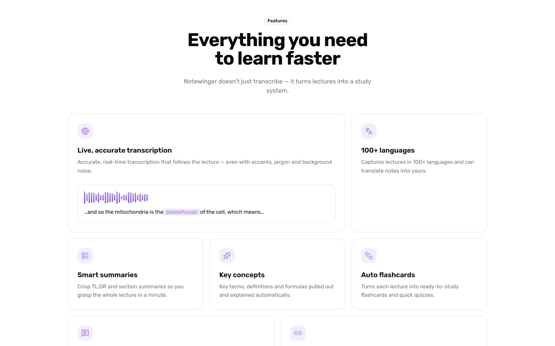 Notewinger feature grid with transcription, summaries and flashcards