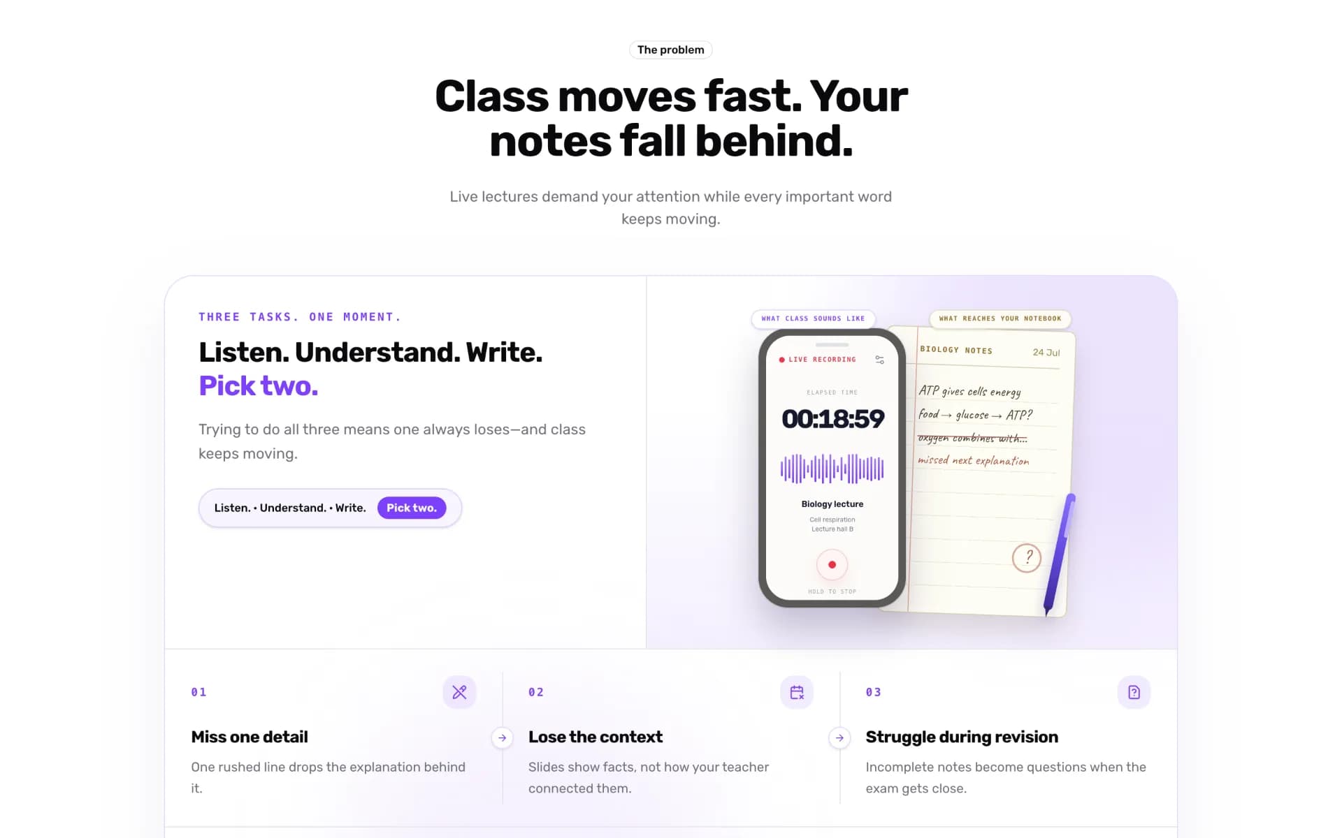 The problem section: listen, understand, write, pick two