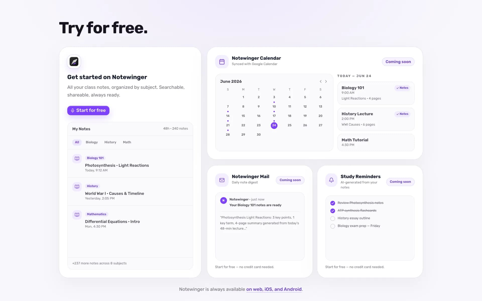 Try-for-free section showing the notes library and calendar