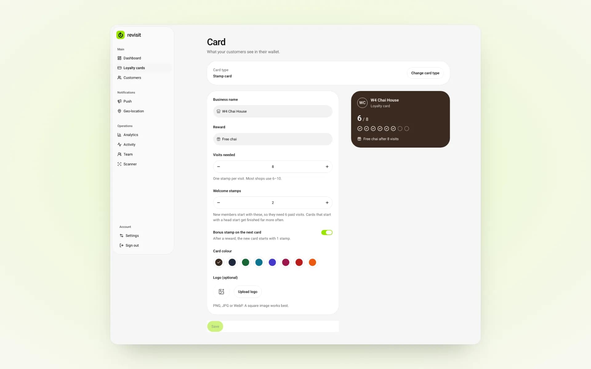 Card editor with business name, reward, visits needed and colour