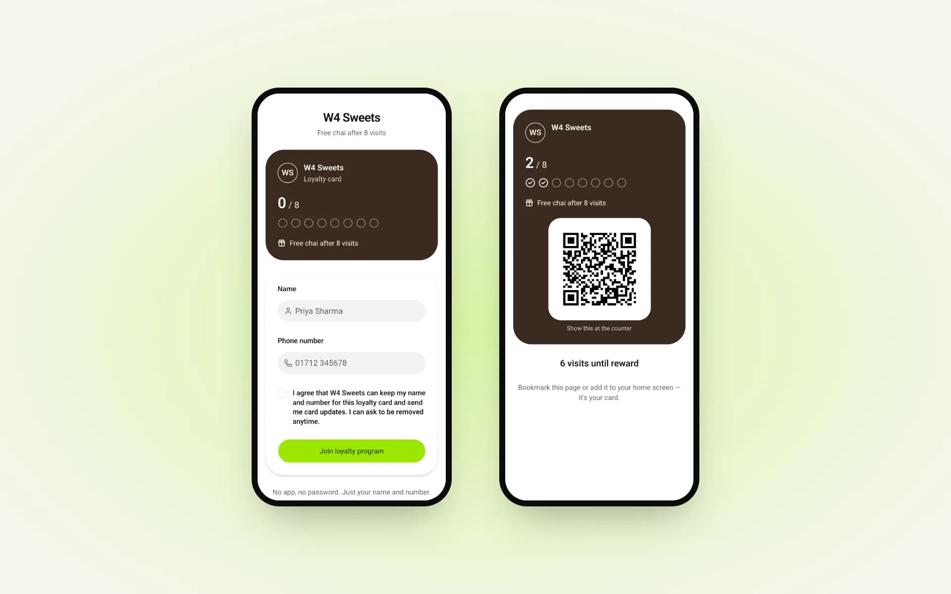Customer join form and the customer card with a QR to show at the counter