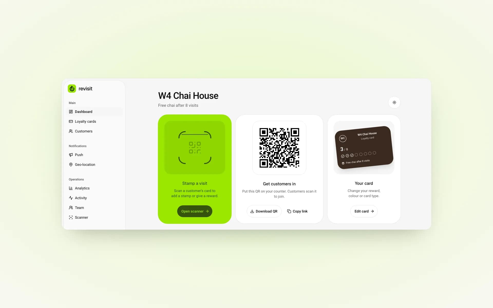Merchant dashboard with the scanner, the counter QR and the card preview