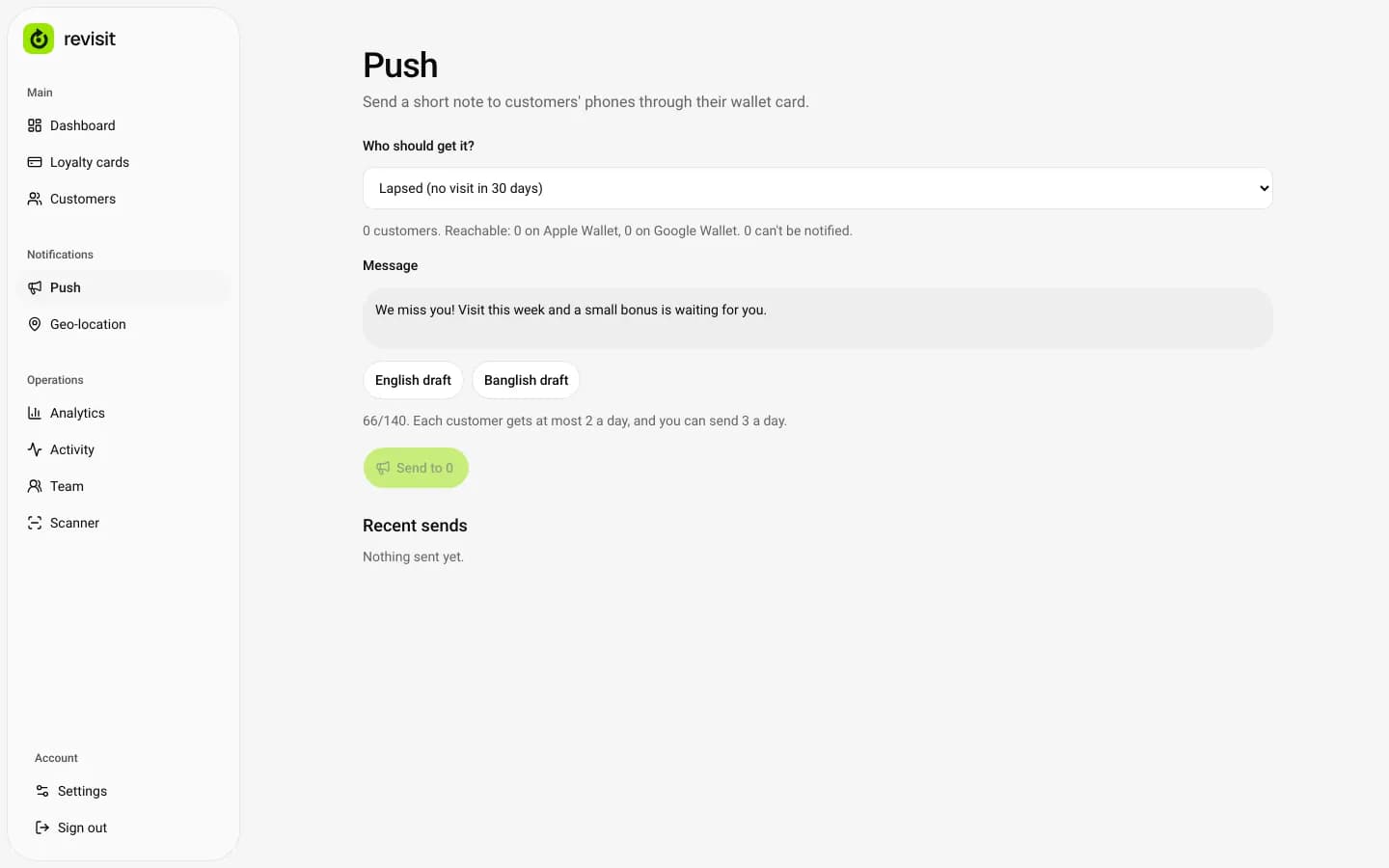 Push composer with English and Banglish drafts